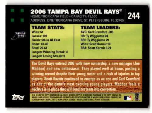 Back of 2007 Topps #244 Tampa Bay Devil Rays baseball card showcasing player stats