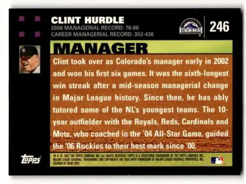 Clint Hurdle Colorado Rockies baseball card with original gloss features 2007 Topps #246