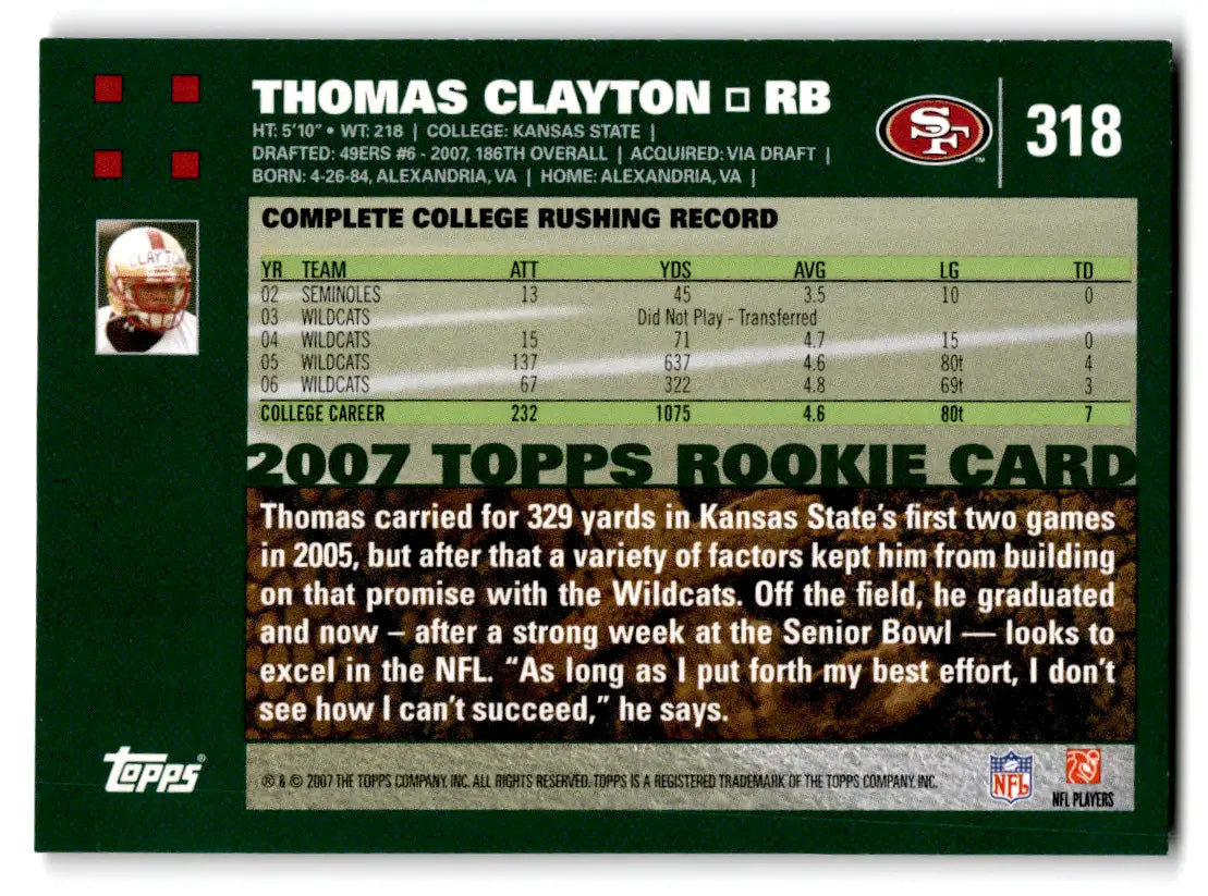 2007 Topps #318 Thomas Clayton rookie card with original gloss, cards typically sell well