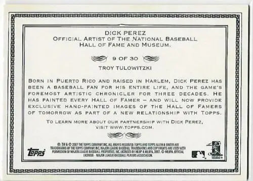 Back of 2007 Topps Allen and Ginter Dick Perez Sketches #9 Troy Tulowitzki card with original gloss