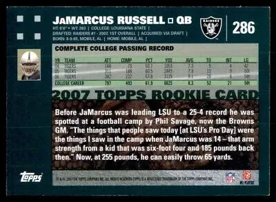 2007 Topps JaMarcus Russell Rookie card featuring Oakland Raiders #286 design