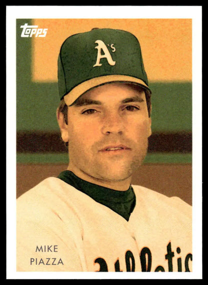 Baseball card of Mike Piazza in Oakland Athletics cap featuring A’s logo