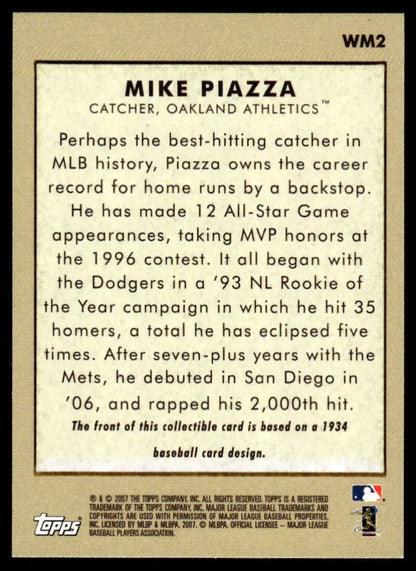 Baseball card showcasing Mike Piazza’s career achievements with Oakland Athletics statistics