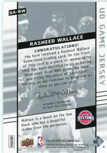 Rasheed Wallace 2008-09 Upper Deck Game Jerseys trading card featuring Pistons jersey