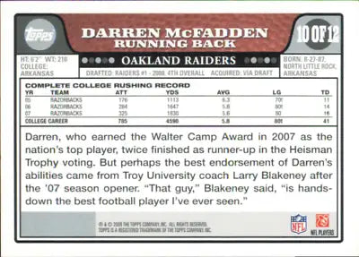 Darren McFadden Rookie Football Card from 2008 Raiders Topps NFL Sports NM