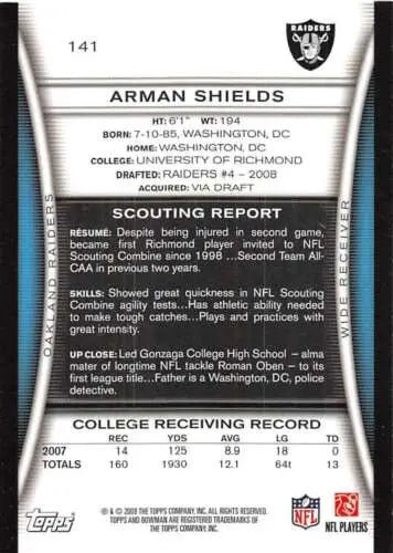 2008 Bowman #141 Arman Shields NM-MT RC Rookie Raiders football card with original gloss