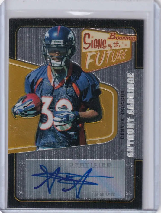 Football trading card of Anthony Aldridge in blue jersey 30 with autograph, Denver Broncos