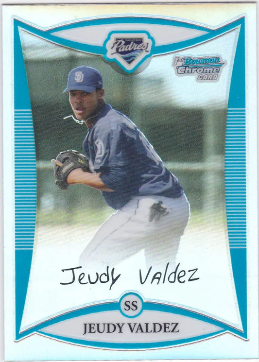 Baseball card of Jeudy Valdez in pitching stance from 2008 Bowman Chrome BCP239 Refractor