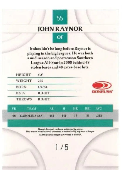 Baseball card of John Raynor featuring stats from 2008 Donruss Threads Auto Black Box