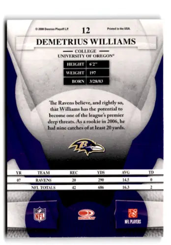 2008 Leaf Certified #12 Demetrius Williams football card with original gloss finish