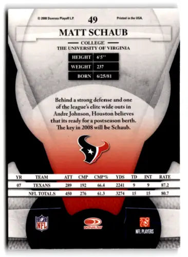 Matt Schaub 2008 Leaf Certified football card featuring original gloss from Texans