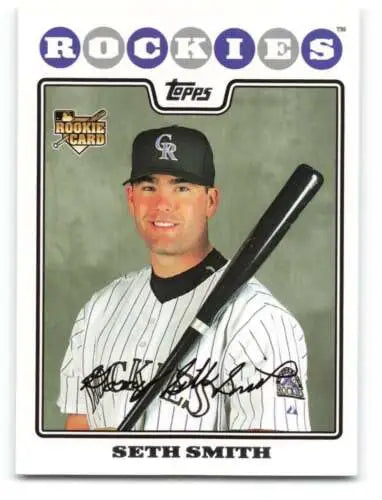 Baseball card of Seth Smith in pinstripe uniform, a Rookie Rockies original gloss