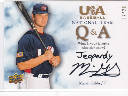 Baseball card of Micah Gibbs auto with Team USA and Jeopardy as favorite TV show