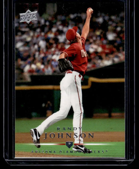 Randy Johnson in red and white Arizona Diamondbacks uniform on Upper Deck baseball card