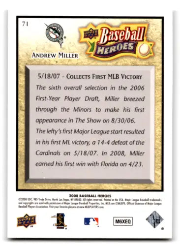 2008 Upper Deck Baseball Heroes #71 Andrew Miller NM-MT Marlins original gloss card