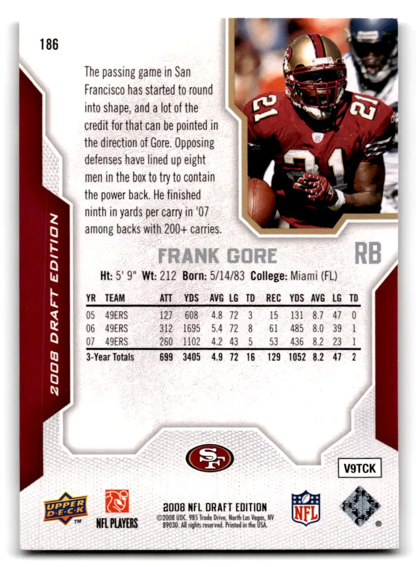 Football card featuring Frank Gore stats from 2008 Upper Deck Draft Edition