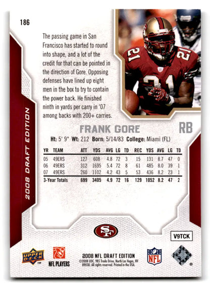 Football card featuring Frank Gore stats from 2008 Upper Deck Draft Edition