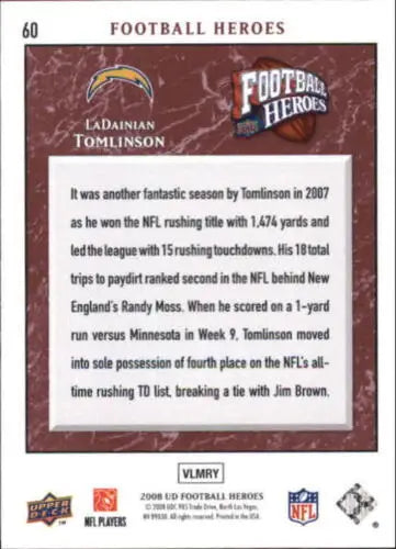 2008 Upper Deck Heroes #60 LaDainian Tomlinson NM-MT Chargers original gloss trading card