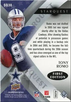 Tony Romo 2008 Upper Deck StarQuest Insert Dallas Cowboys #SQ30 Football Card