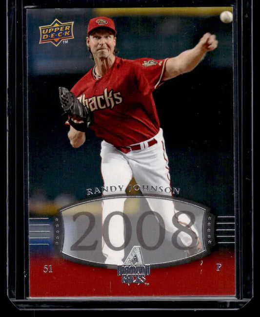 Baseball card of Randy Johnson mid-delivery in red uniform from Upper Deck Timeline