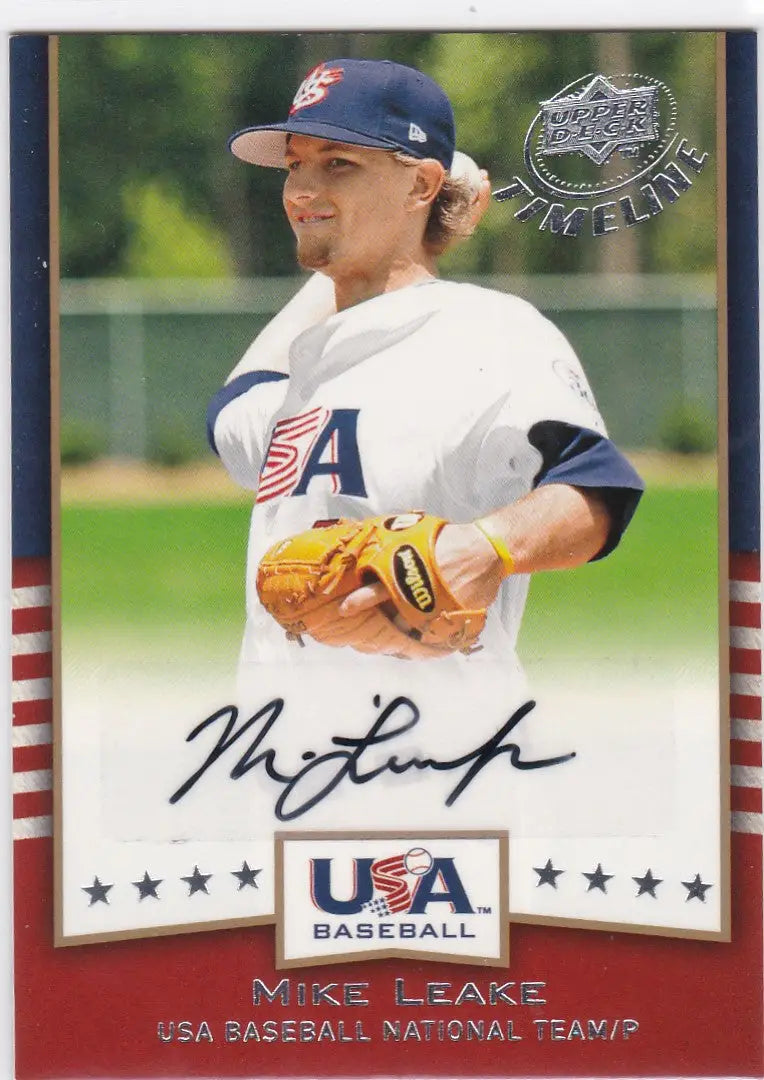 Baseball trading card of Mike Leake USA in white uniform, showcasing USA Baseball Signatures