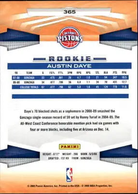 Back of the 2009-10 Panini Austin Daye Rookie Detroit Pistons Basketball Card