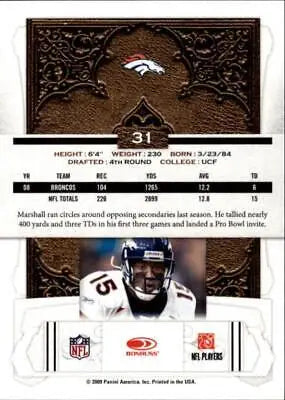 Football trading card featuring Brandon Marshall and Denver Broncos logo in Donruss Classics design