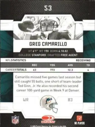 2009 Donruss Elite #53 Greg Camarillo football card with original gloss, Dolphins memorabilia