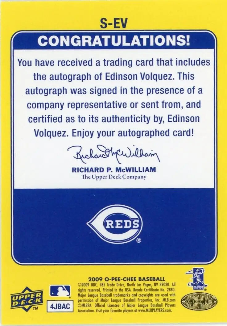 Baseball card back of 2009 O Pee Chee Edinson Volquez Autograph Cincinnati Reds MLB