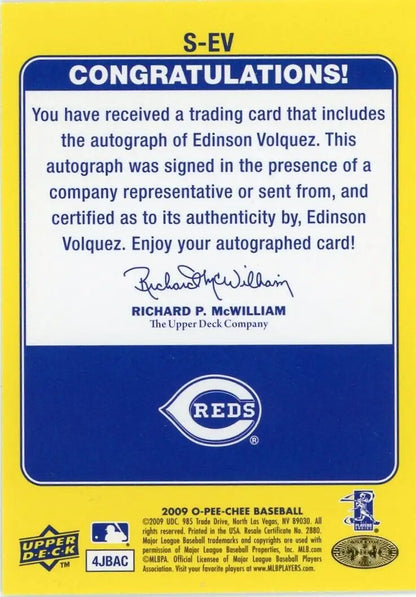 Baseball card back of 2009 O Pee Chee Edinson Volquez Autograph Cincinnati Reds MLB