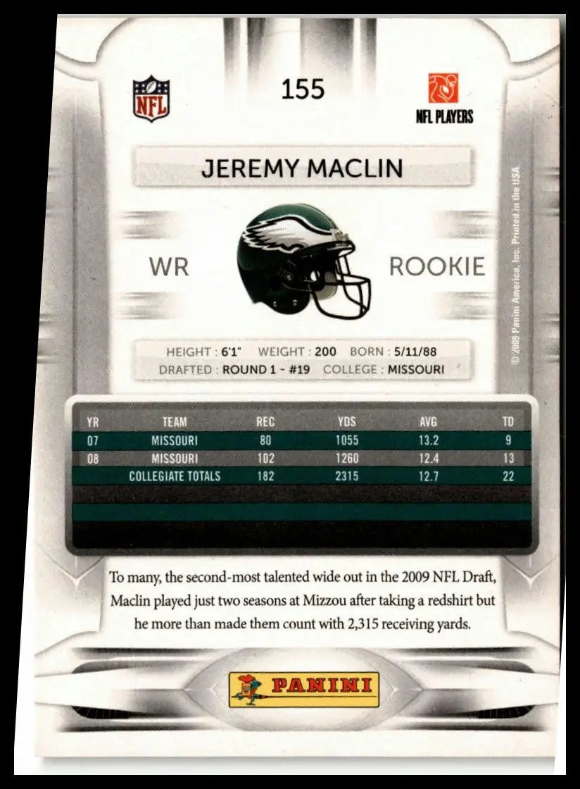 Jeremy Maclin rookie card from 2009 Playoff Prestige #155a Philadelphia Eagles