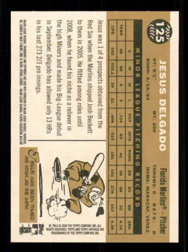 Baseball card back of 2009 Topps Heritage Jesus Delgado NM-MT RC Rookie Marlins