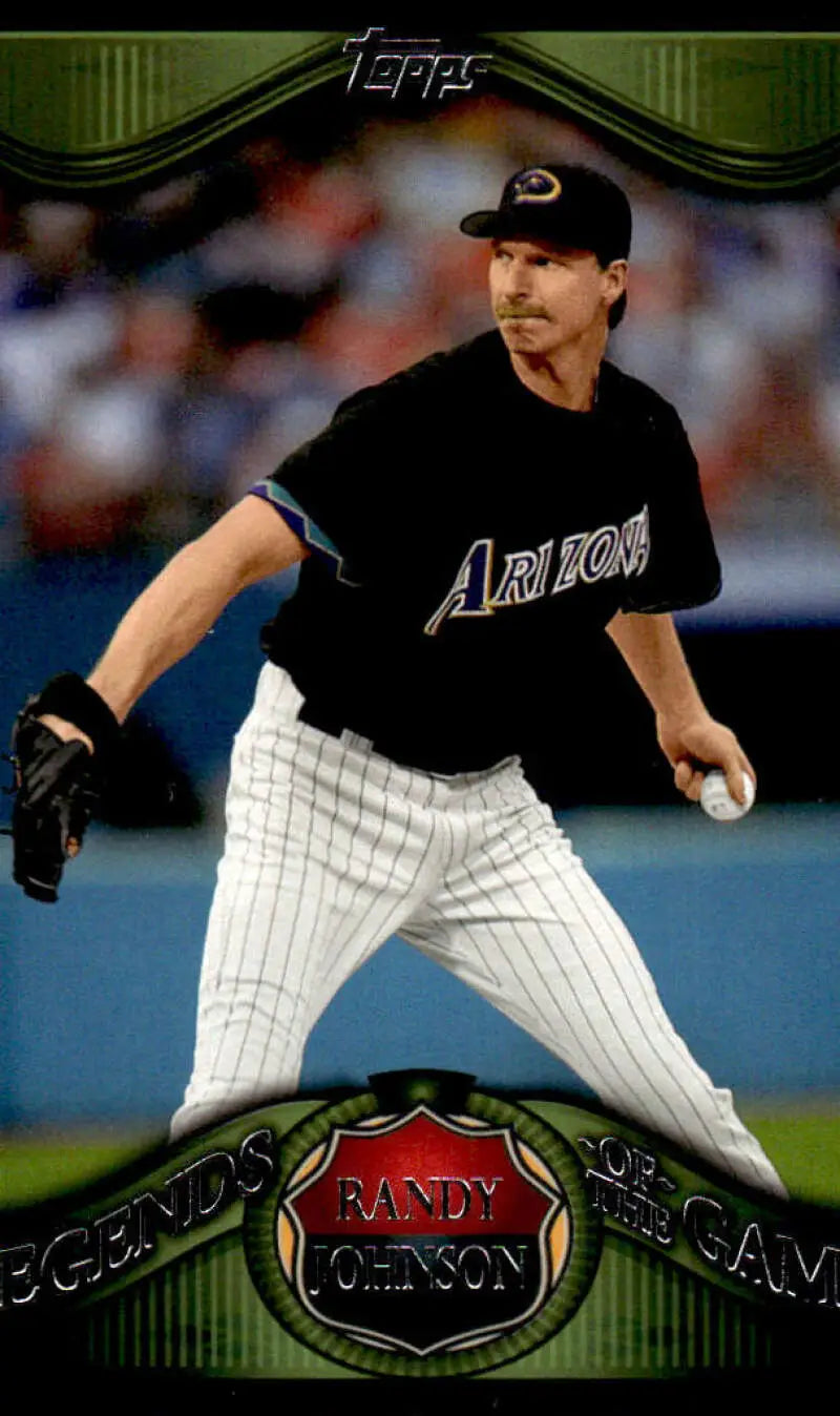 Randy Johnson Arizona Diamondbacks baseball card in black jersey and pinstriped pants