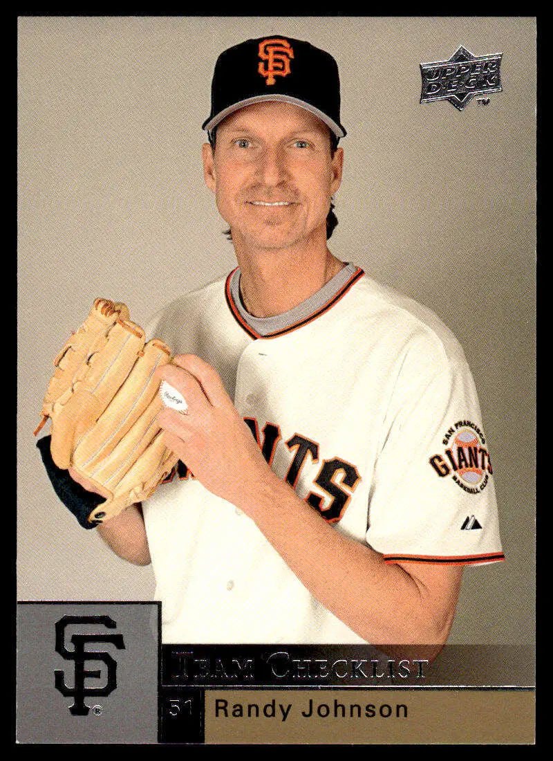 Randy Johnson in San Francisco Giants uniform holding glove on baseball card