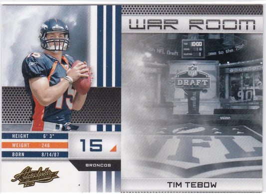 Football trading card of Tim Tebow RC Rookie in navy jersey, War Room Denver Broncos