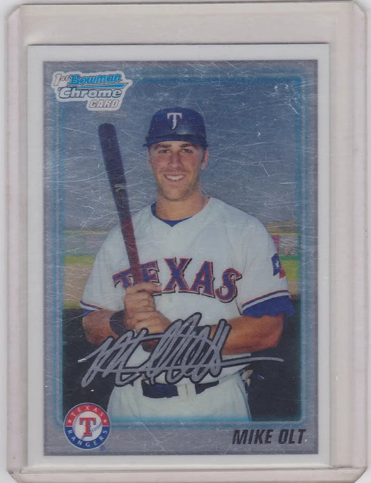 Baseball card of Mike Olt smiling with bat for Texas Rangers trading cards collection