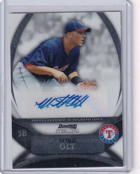 Baseball trading card of Auto Mike Olt in pitching stance from 2010 Bowman Sterling Auto