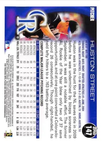 Baseball card back of 2010 Topps #147 Huston Street with original gloss for Rockies fans