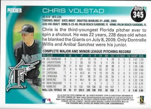 Chris Volstad 2010 Topps #345 baseball card in original gloss, Miami Marlins collectible