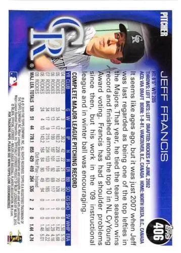 Jeff Francis baseball card from 2010 Topps #406 featuring original gloss, Rockies collector item