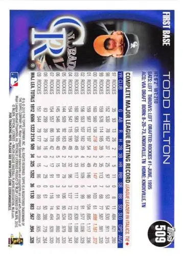 Todd Helton baseball card 2010 Topps #509a NM-MT with original gloss for Rockies fans