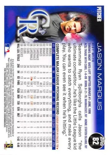 Baseball card back of 2010 Topps #82 Jason Marquis with original gloss design