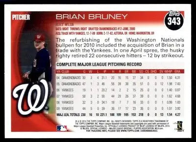 Baseball card back of 2010 Topps Brian Bruney Washington Nationals #343 with stats and design