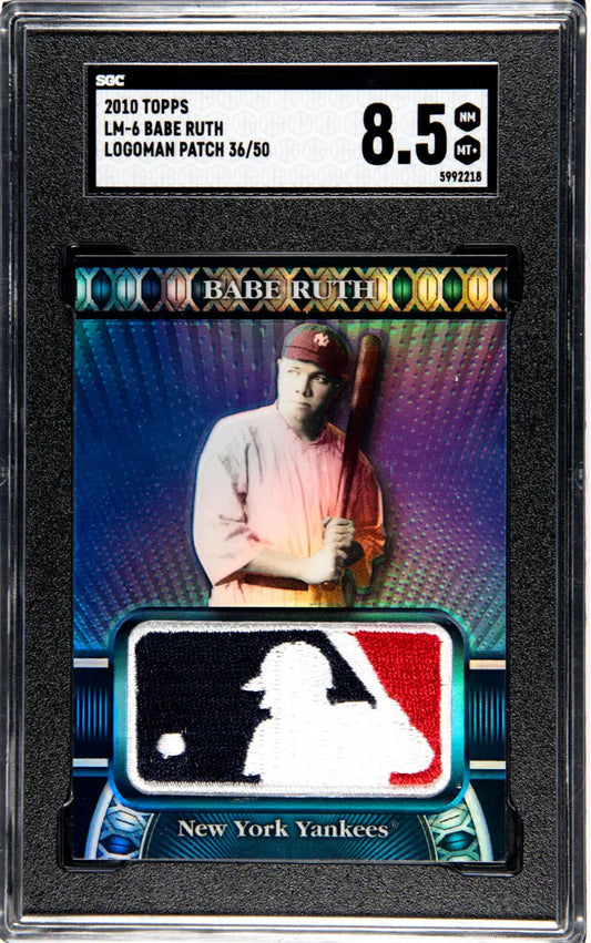 Graded Babe Ruth baseball card with Logoman patch, SGC 8.5 near mint condition