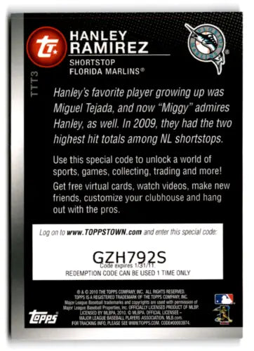 2010 Topps Ticket to Topps Town TTT3 Hanley Ramirez baseball card with original gloss