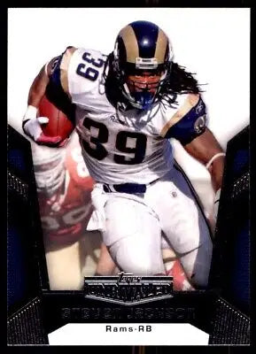 Football player in Rams uniform showcasing Topps Unrivaled Steven Jackson card