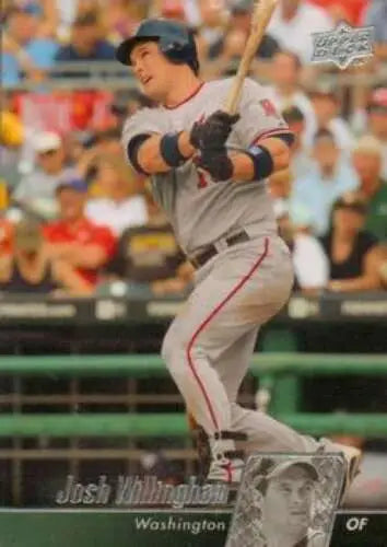 Baseball player Josh Willingham swinging bat in gray Washington uniform, Upper Deck original gloss