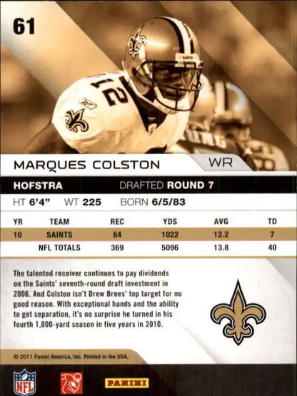 Marques Colston 2011 Absolute Memorabilia #61 New Orleans Saints Football Card NM-MT