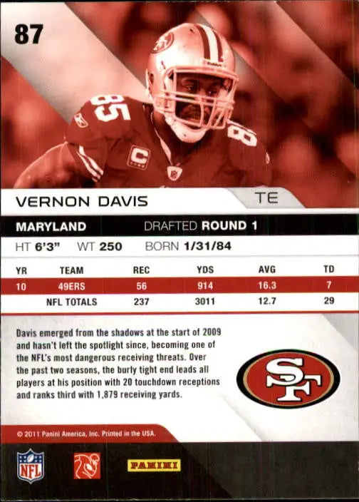 Vernon Davis 2011 Absolute Memorabilia Football Card San Francisco 49ers NM-MT