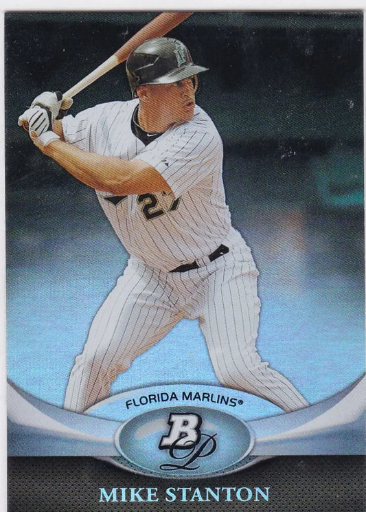 Baseball card of Mike Stanton Marlins in white pinstriped uniform from Bowman Platinum